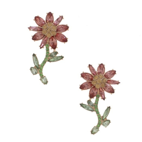 Pink and purple rhinestone flowers, stem, leaves Goldtone pierced dazzling NWT - Picture 4 of 8